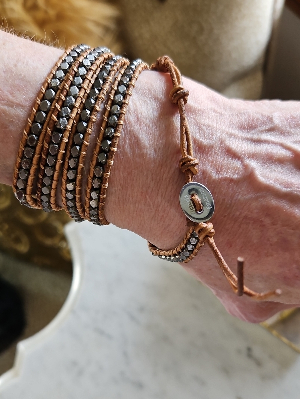 VICTORIA EMERSON Leather And Metal Beaded Wrap Bracelet/strap (Tan and Pewter)